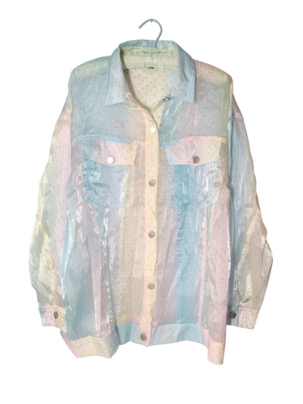 Blue Blush Sheer Shiny Studded Button Up Top L Oversized Pastel Pockets